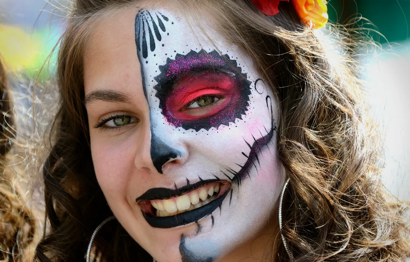 Photo wallpaper look, girl, face, paint, day of the dead, day of the dead