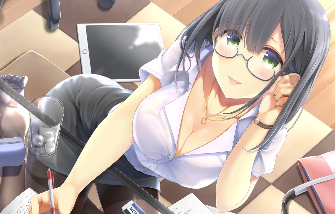 Photo wallpaper girl, table, handle, notebook, tablet