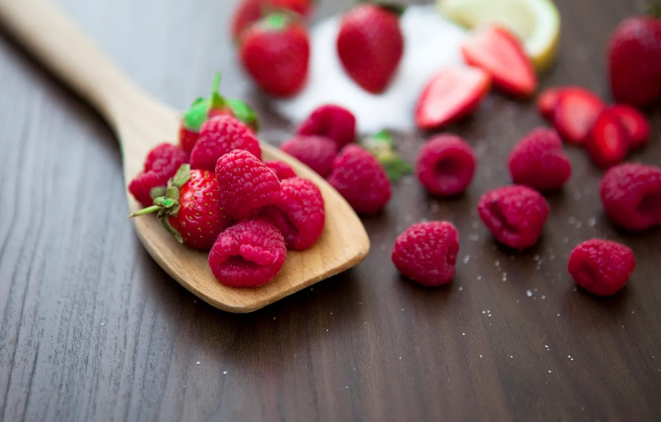 Photo wallpaper berries, raspberry, background, widescreen, Wallpaper, food, strawberry, spoon