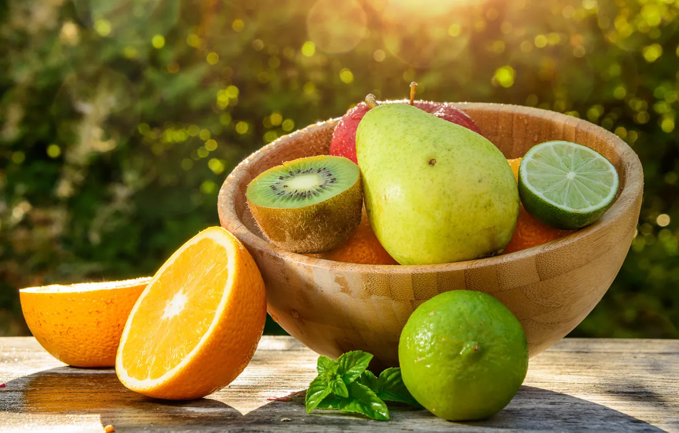 Photo wallpaper nature, table, apples, Board, orange, kiwi, wooden, lime