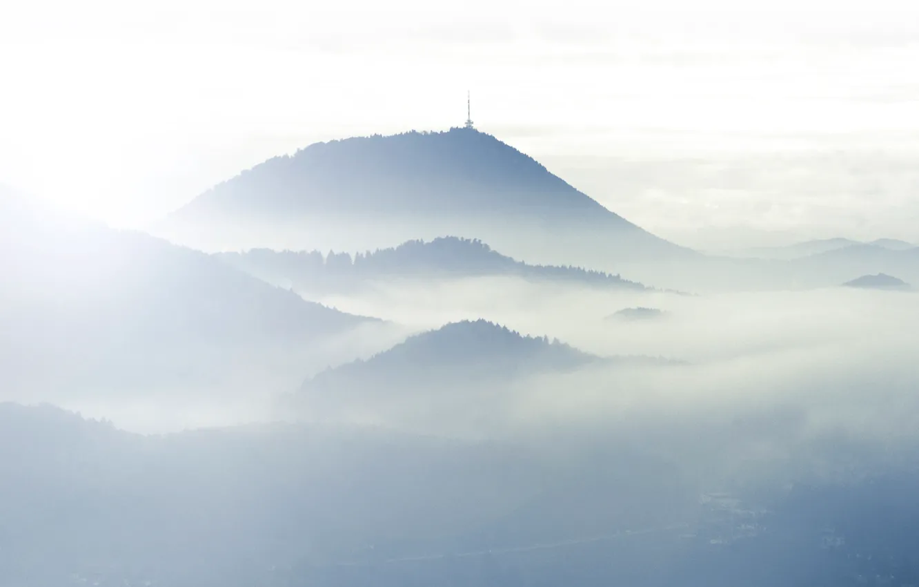 Photo wallpaper clouds, light, mountains, fog, hills, antenna