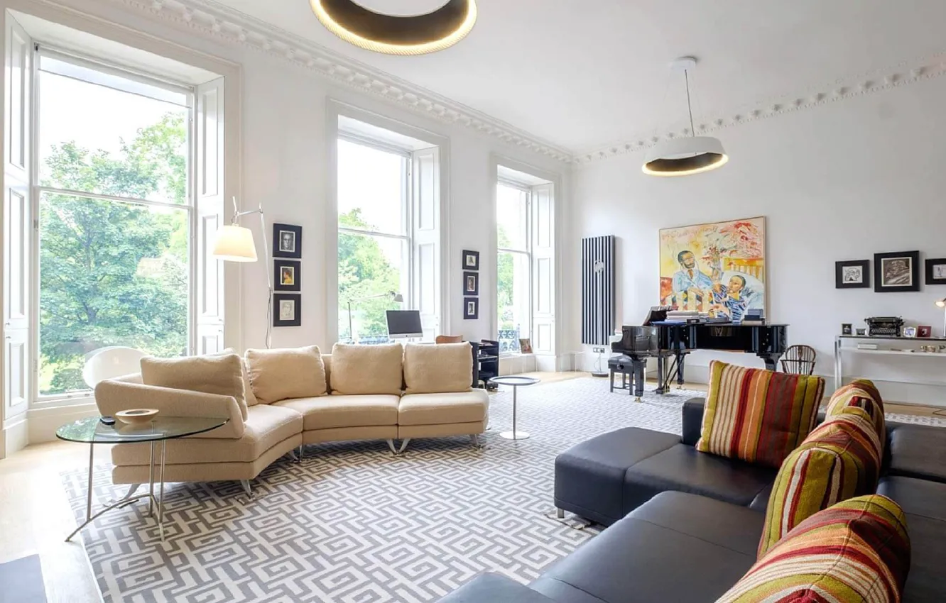 Photo wallpaper interior, piano, sofas, living room