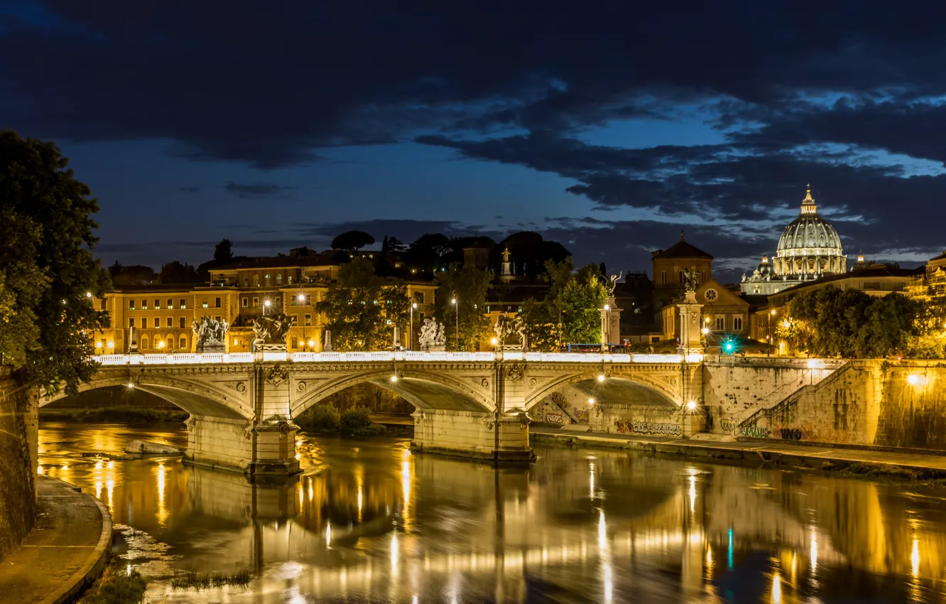 Photo wallpaper lights, Rome, Italy, river, Italy, bridge, night, Rome
