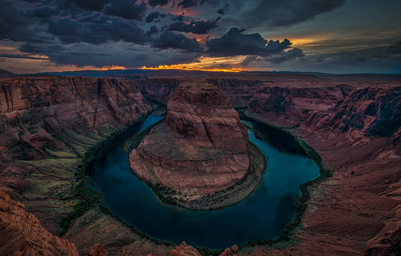 Photo wallpaper sunset, clouds, river, the evening, Colorado, canyon, Horseshoe Bend, Grand Canyon National Park
