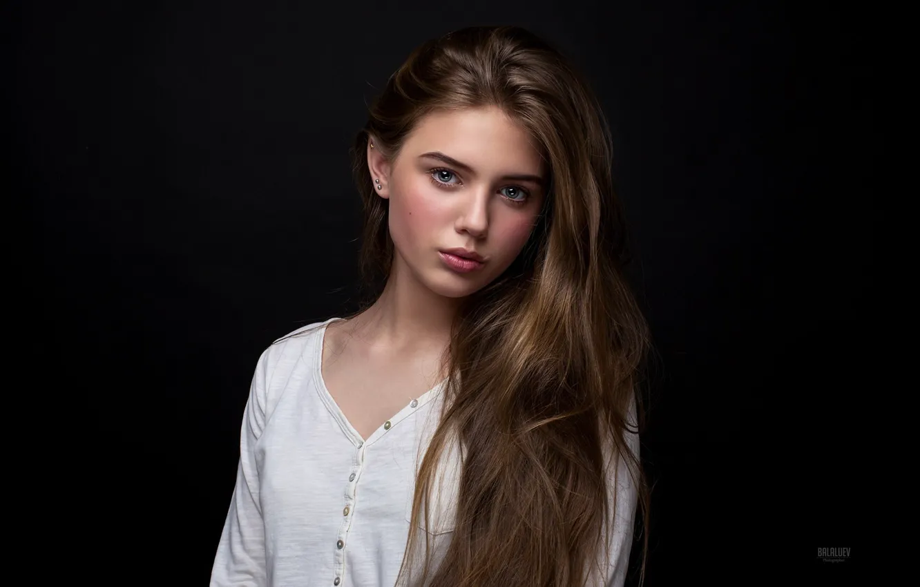Photo wallpaper girl, portrait, makeup, hairstyle, brown hair, blouse, beautiful, black background