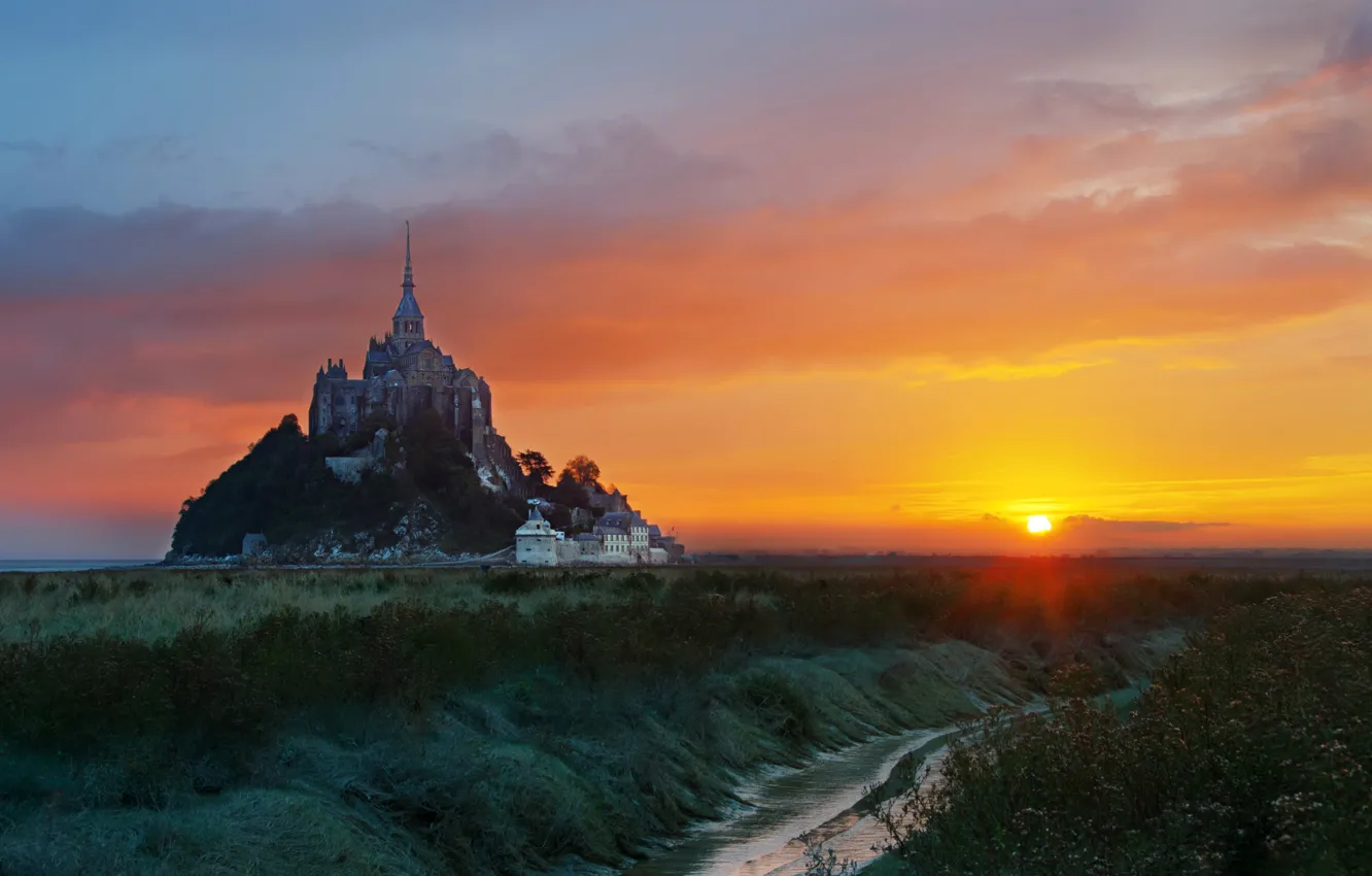 Photo wallpaper sunset, France, Mont-Saint-Michel