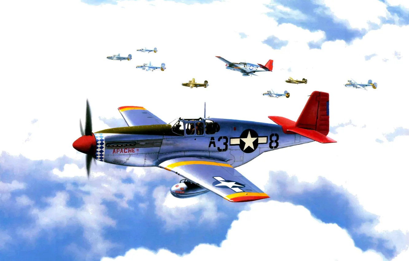 Photo wallpaper war, art, painting, ww2, P-51 Mustang, red tails