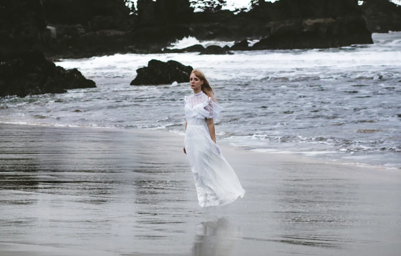 Photo wallpaper wave, girl, stones, the wind, dress, surf