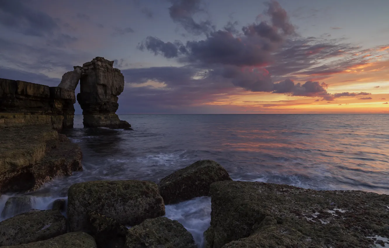 Photo wallpaper sea, the sky, clouds, sunset, stones, rocks, UK, Pulpit rock
