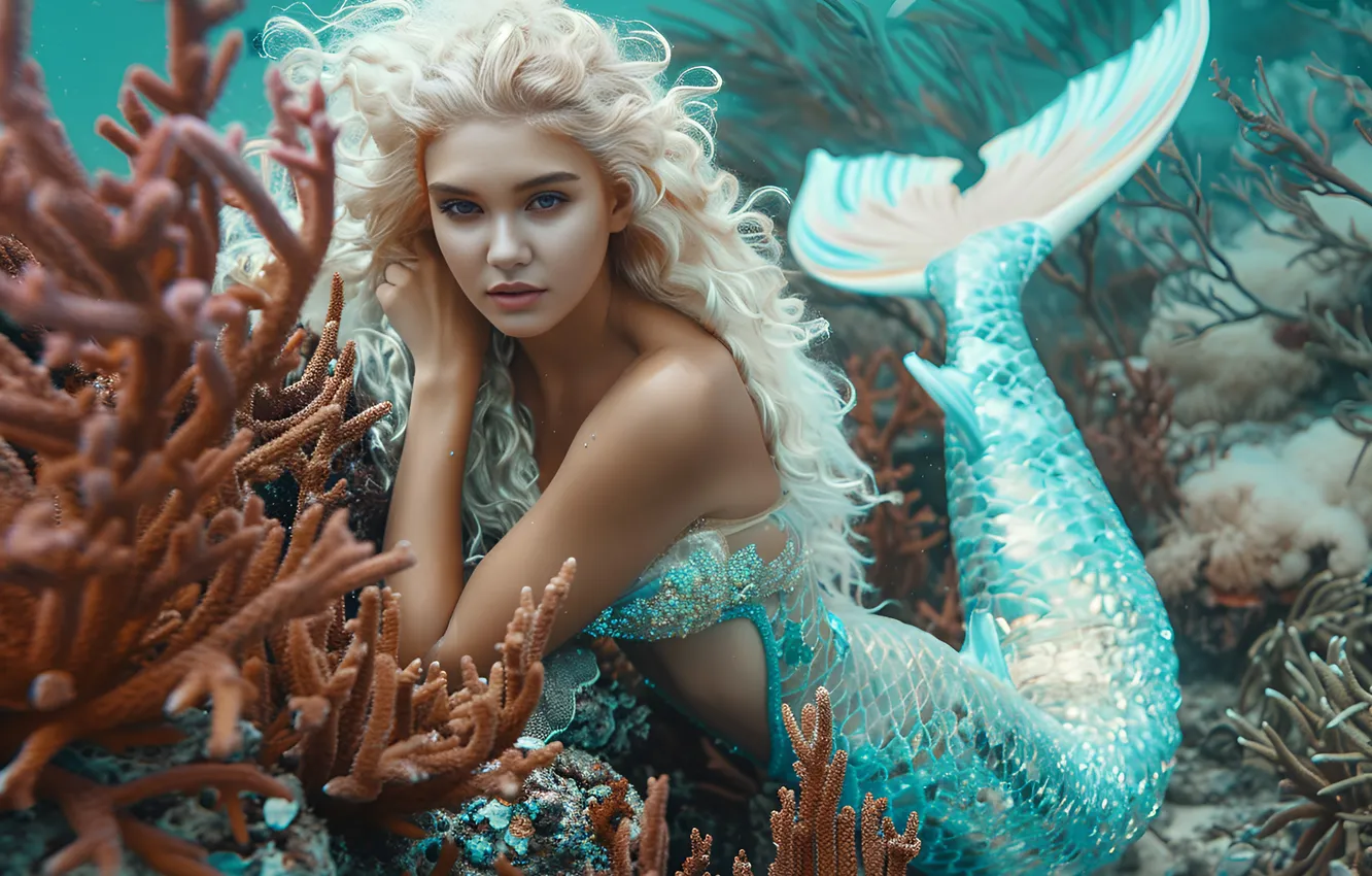 Photo wallpaper look, girl, hair, mermaid, corals, blonde, tail, underwater world