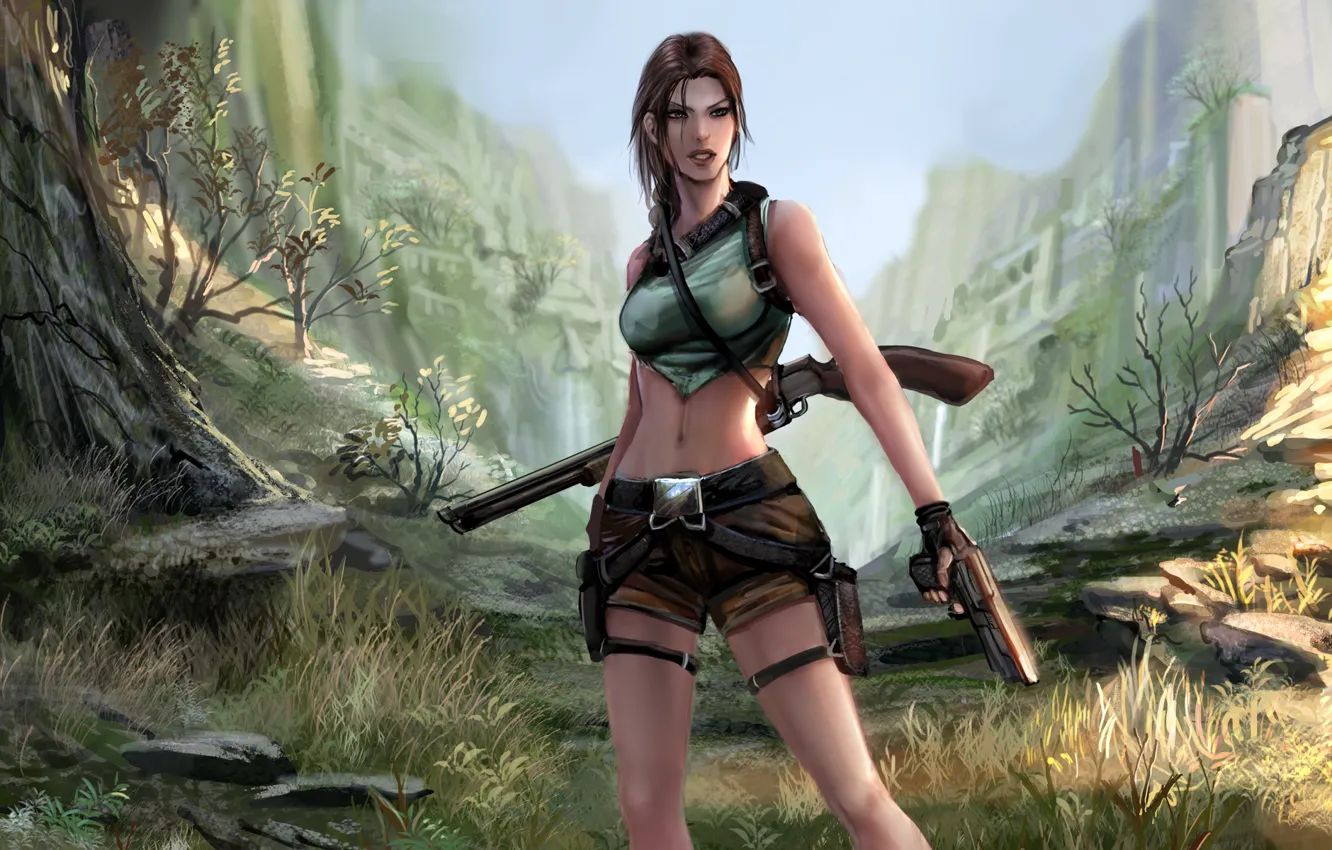 Photo wallpaper girl, trees, pose, gun, shadow, gorge, Tomb Raider, shotgun