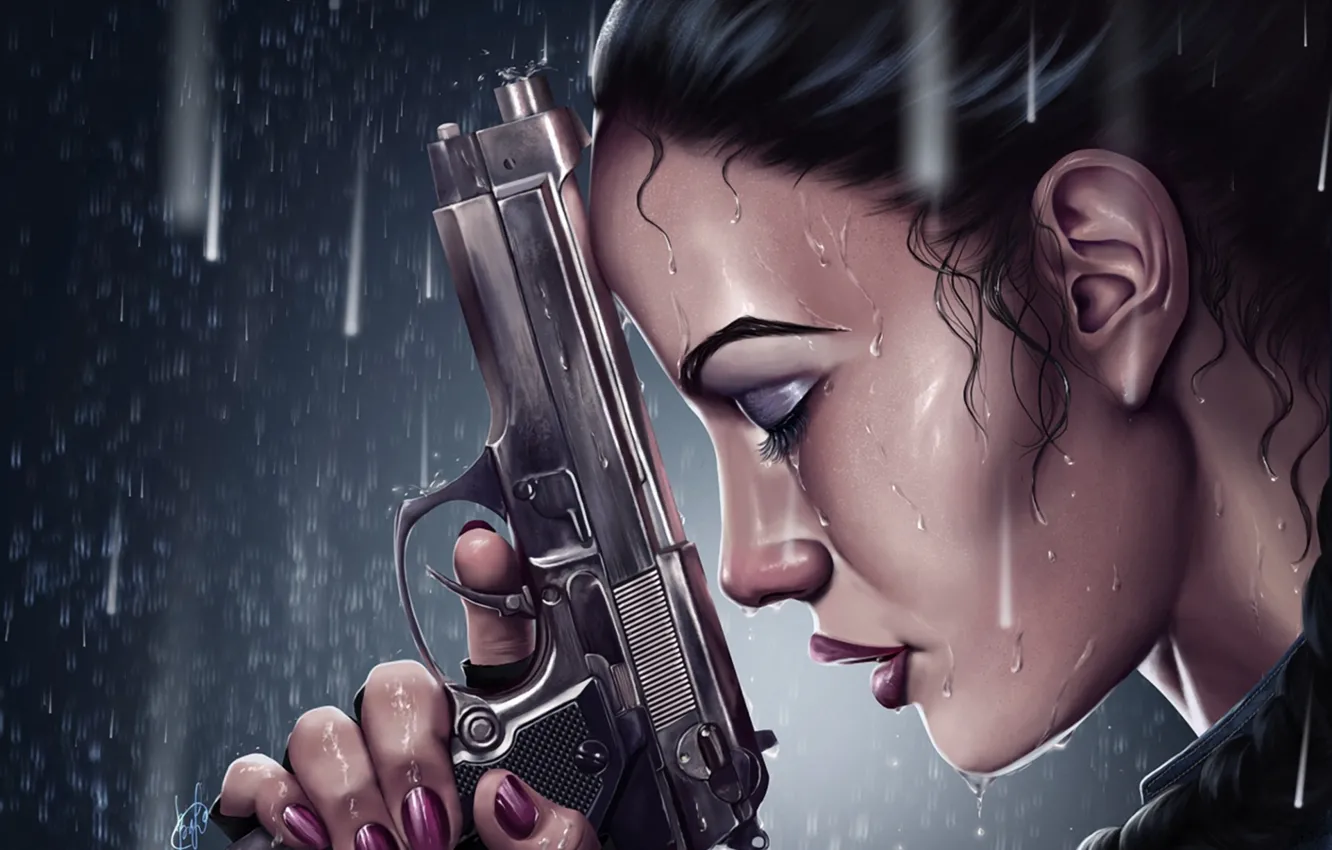 Photo wallpaper girl, gun, rain, Tomb Raider, Lara Croft