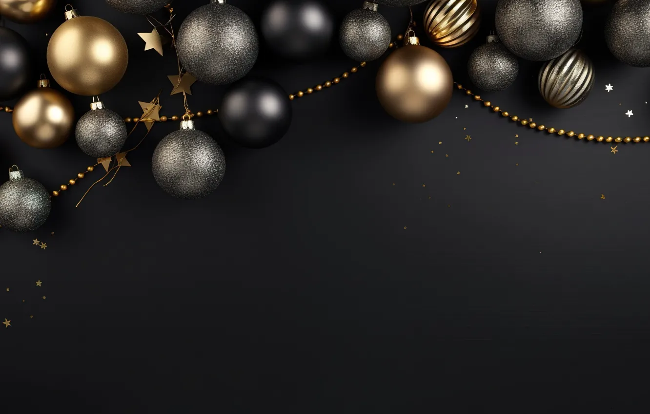 Photo wallpaper decoration, the dark background, balls, new year, Christmas, golden, black, Christmas