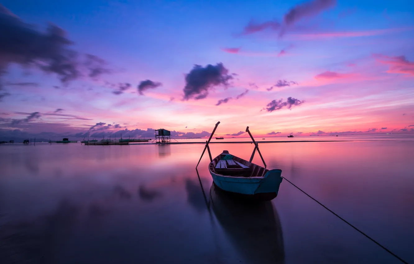 Photo wallpaper boat, calm, morning