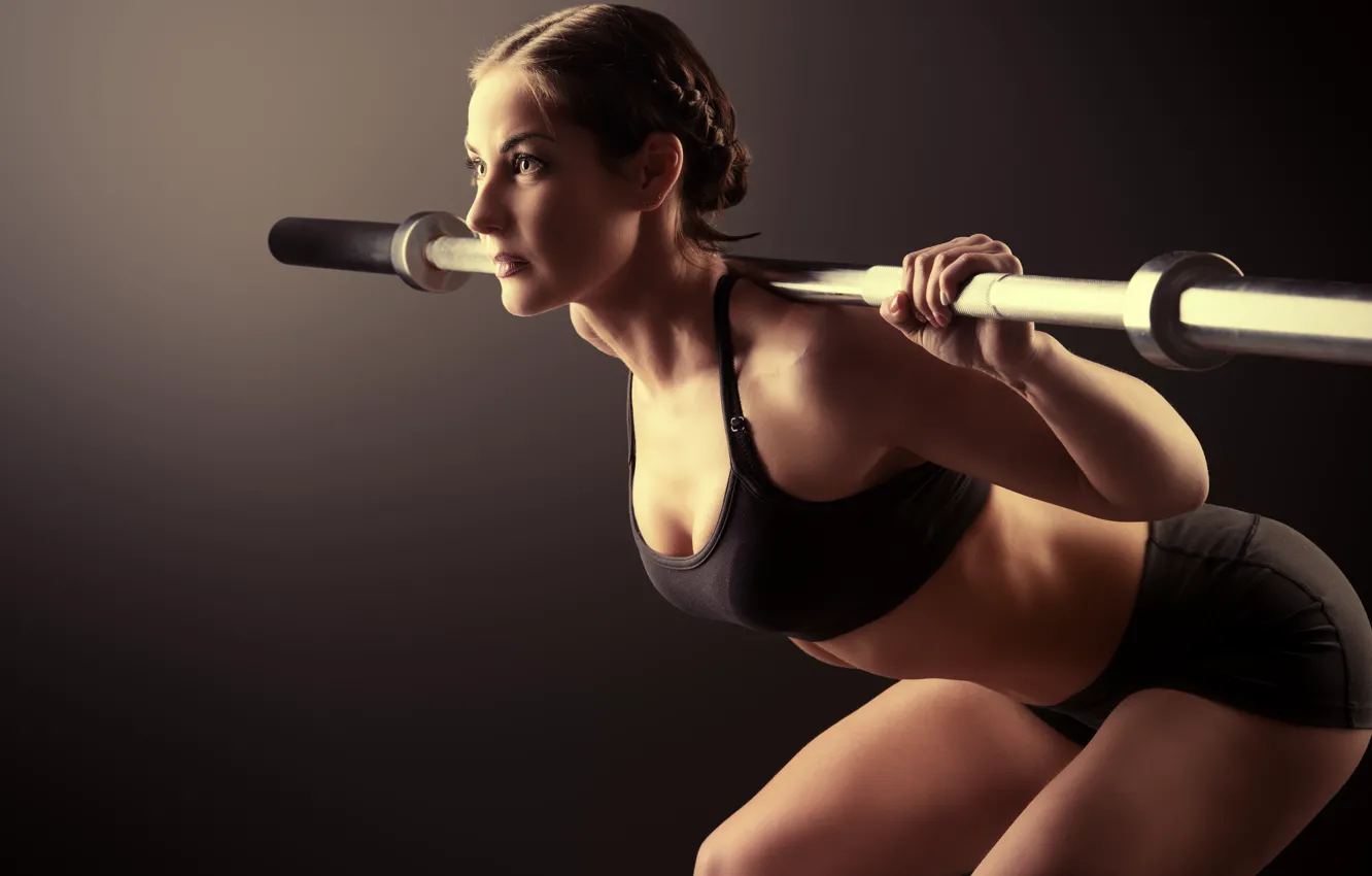 Photo wallpaper woman, pose, workout, fitness, weight bar