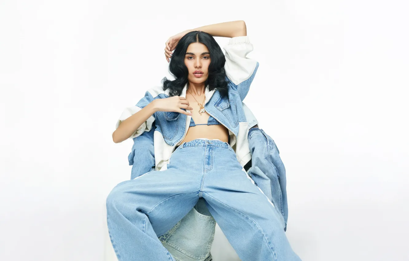 Photo wallpaper girl, woman, young, model, jeans, brunette, Denim, suit