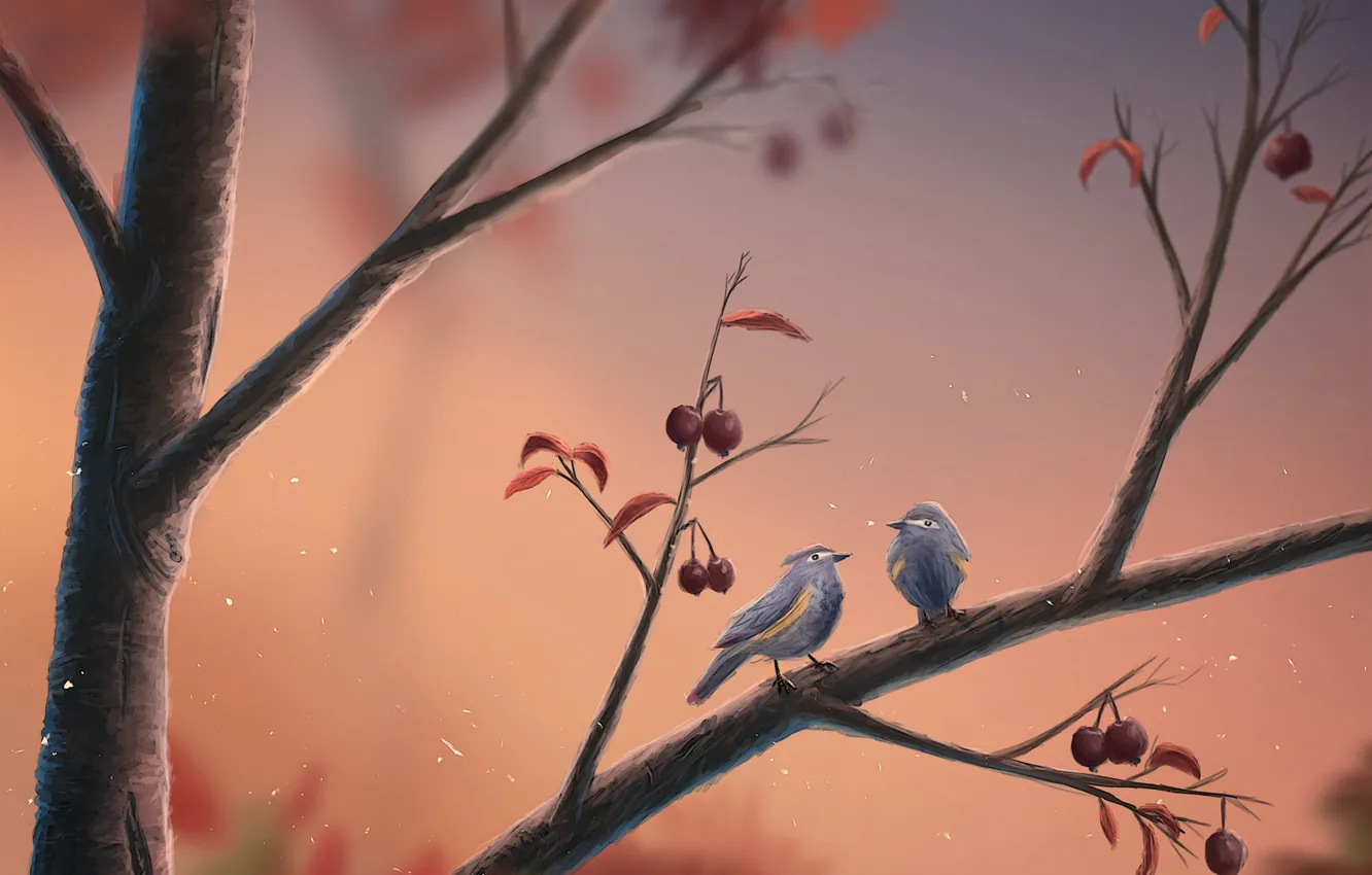 Photo wallpaper birds, berries, branch, art