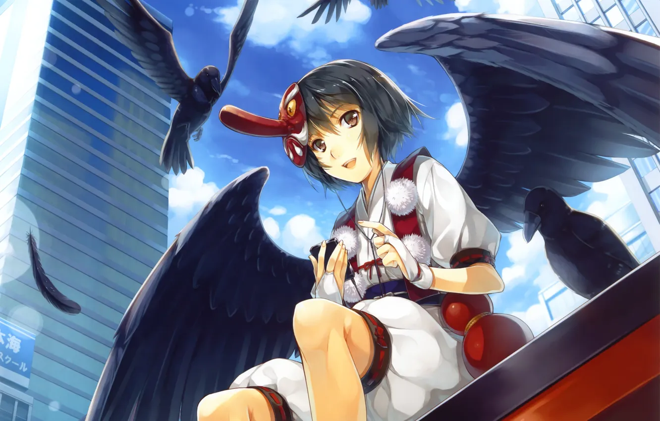 Photo wallpaper the sky, girl, clouds, the city, bird, home, wings, anime