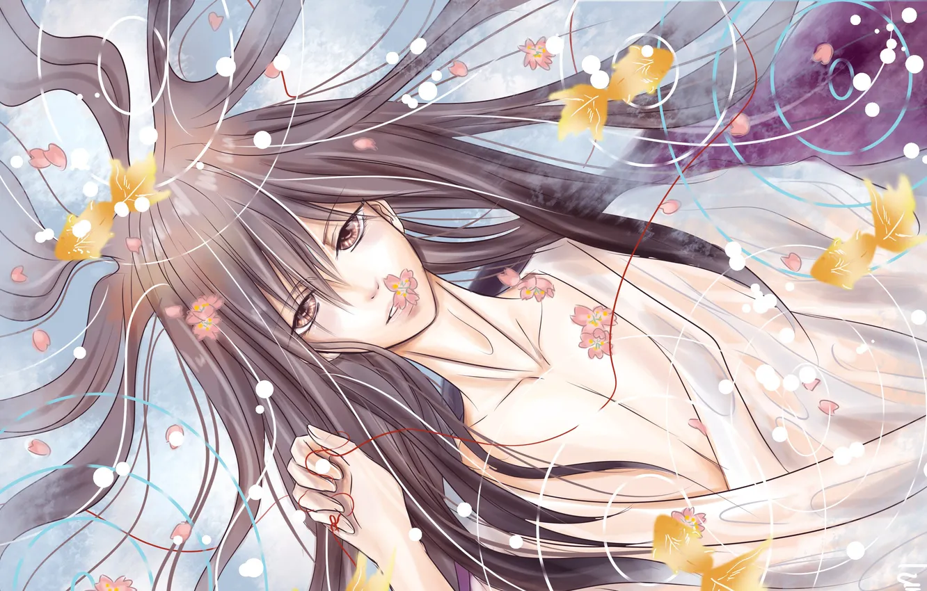Photo wallpaper leaves, water, circles, flowers, guy, long hair