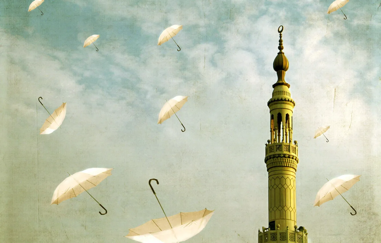 Photo wallpaper the sky, style, tower, umbrellas