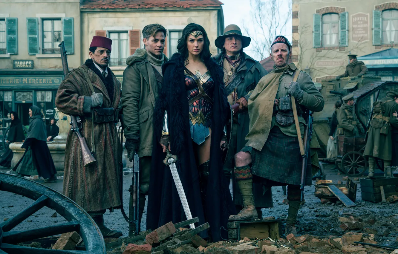 Photo wallpaper cinema, sword, gun, Wonder Woman, armor, weapon, man, army