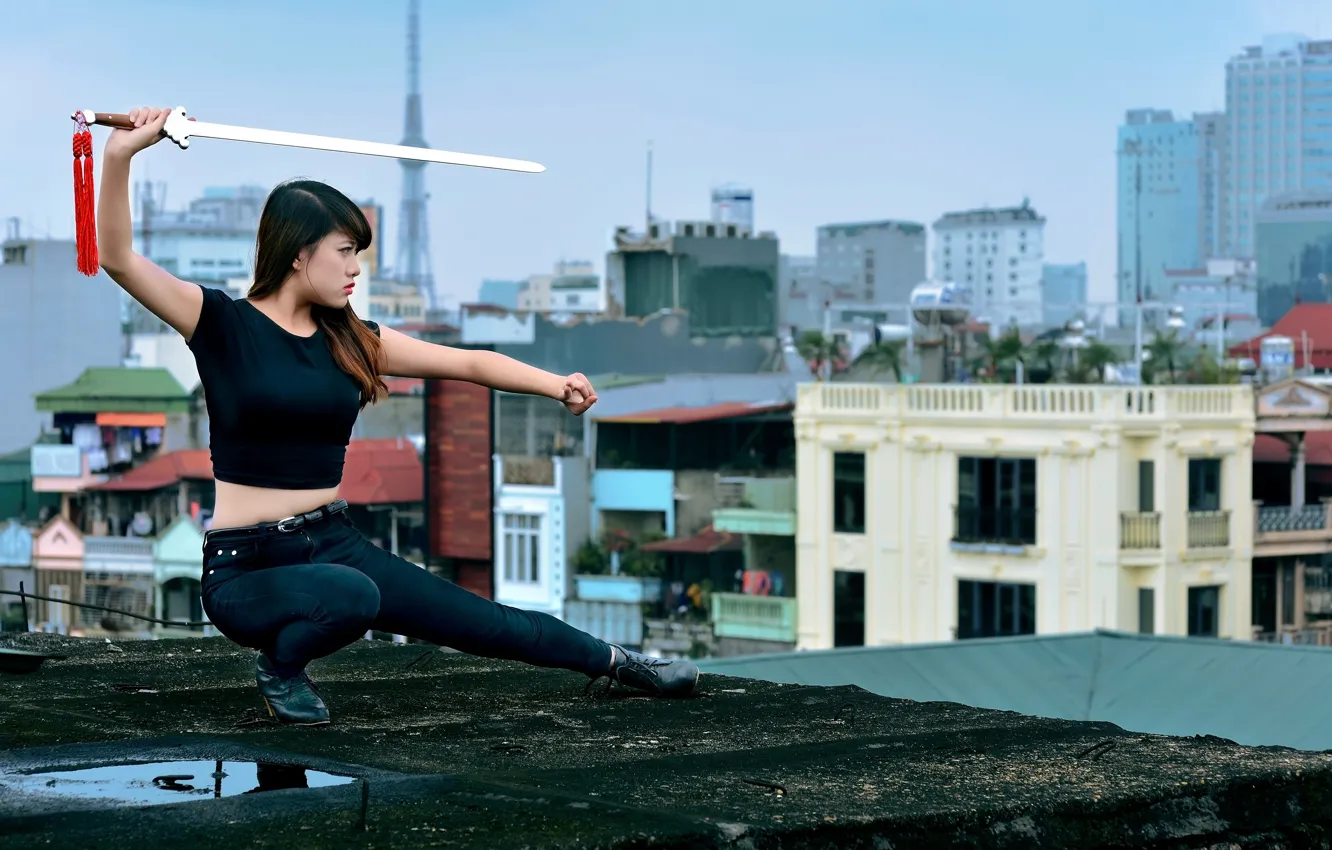 Photo wallpaper girl, sword, Asian