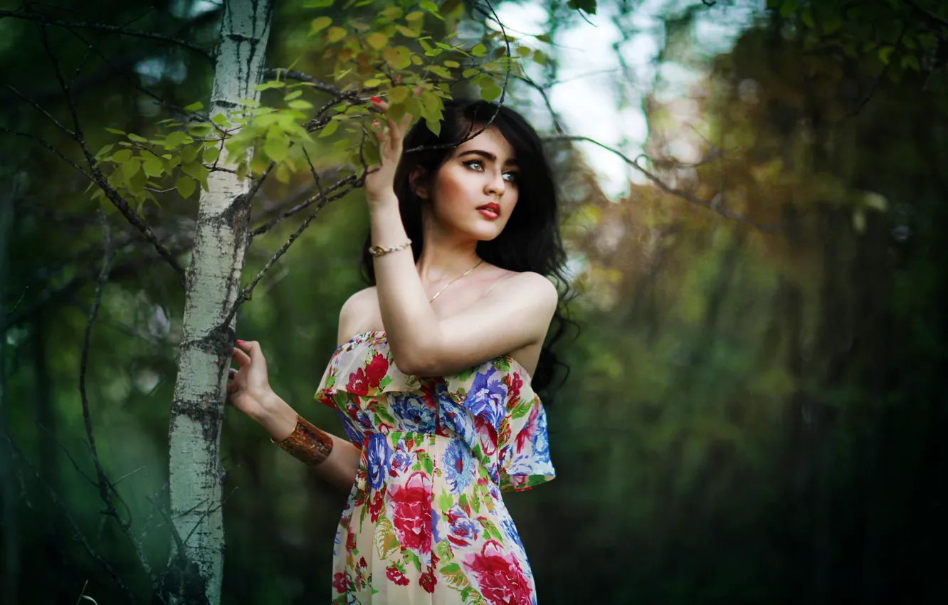Photo wallpaper summer, look, leaves, girl, decoration, trees, branches, nature