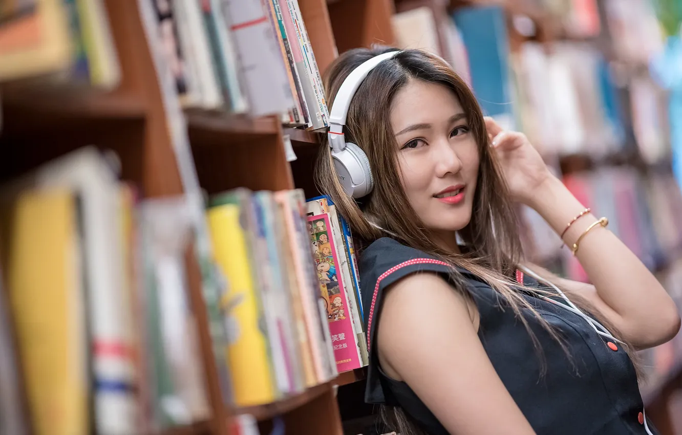 Photo wallpaper girl, headphones, book, Asian, cutie, bokeh, shelves
