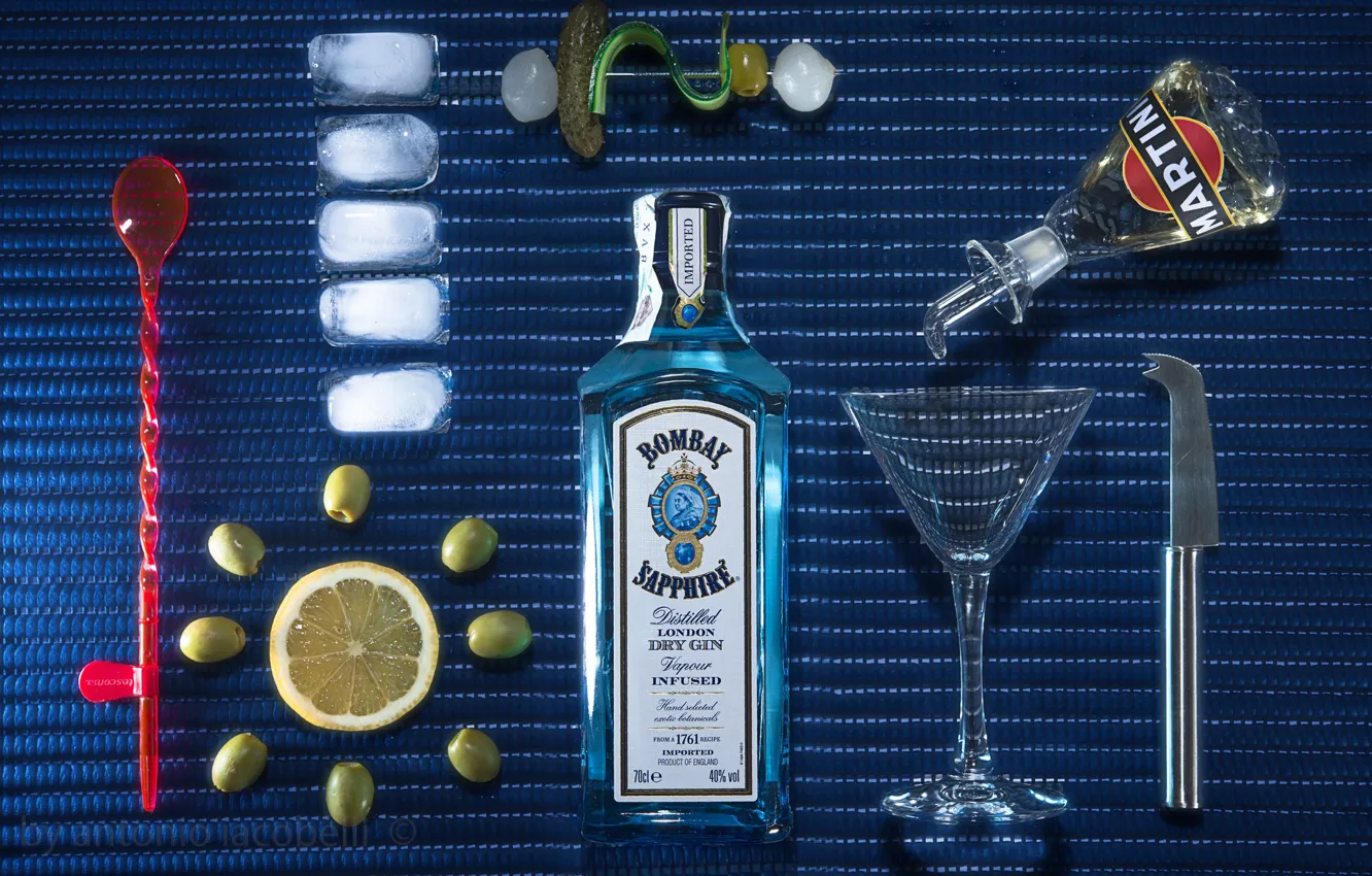 Photo wallpaper ice, lemon, glass, bottle, gin, olives, Dry Martini
