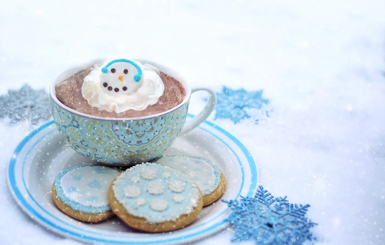 Photo wallpaper winter, cookies, Cup, hot chocolate, whipped cream