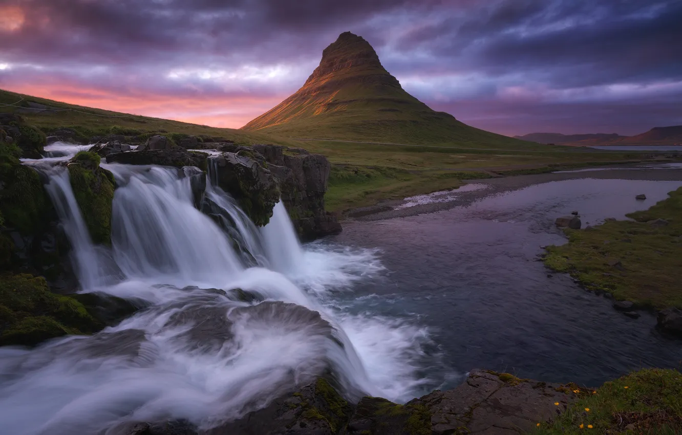 Photo wallpaper mountains, waterfall, the volcano, Iceland, Kirkjufell