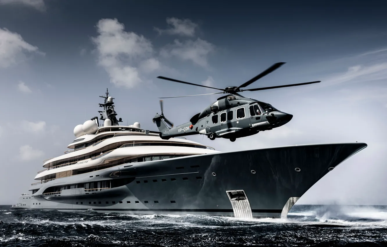 Photo wallpaper The sky, Water, Sea, Yacht, Helicopter, Flying Fox, vehicles