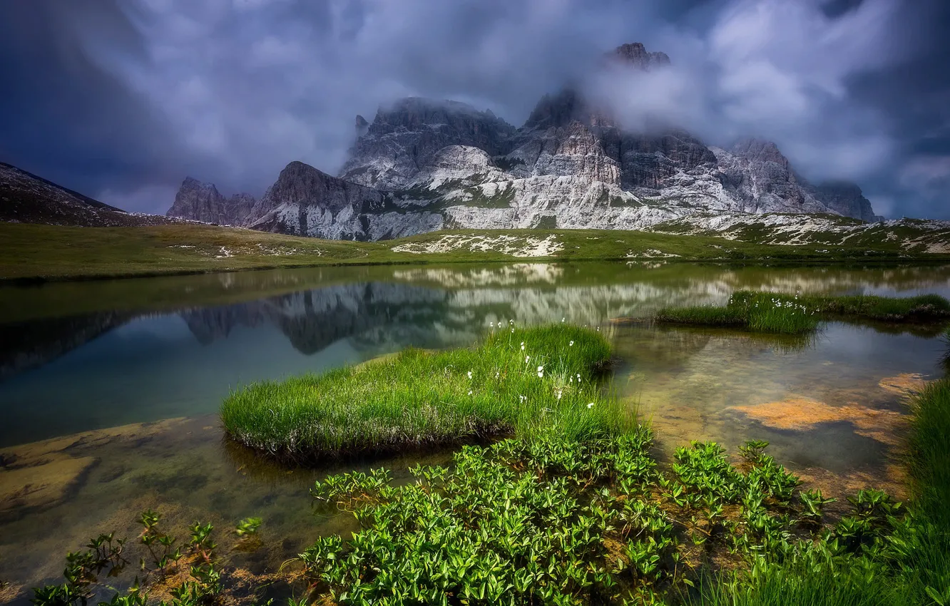 Photo wallpaper grass, clouds, landscape, mountains, nature, lake, stones, Italy