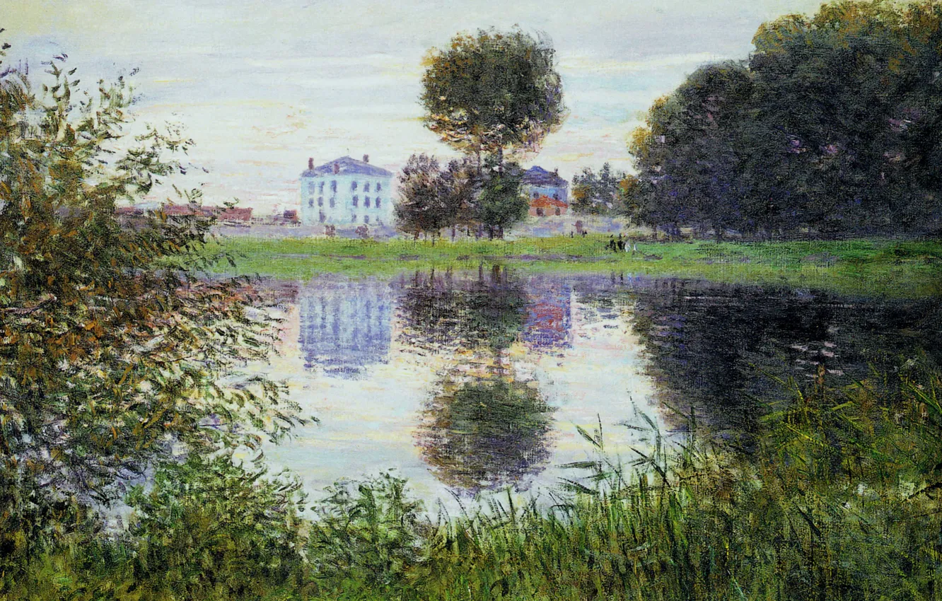 Photo wallpaper landscape, lake, house, reflection, picture, Claude Monet, Spherical A Tree. Argenteuil