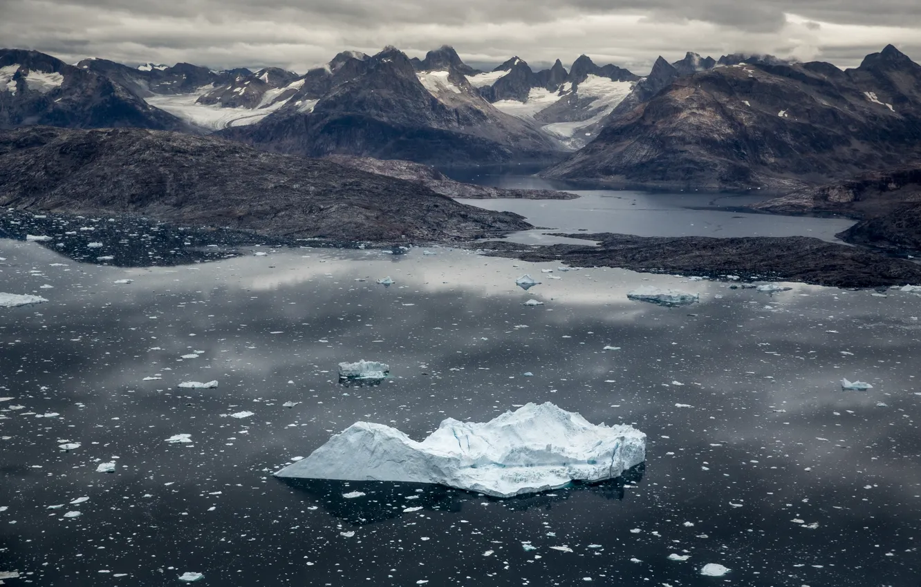 Photo wallpaper ice, clouds, mountains, lake, reflection