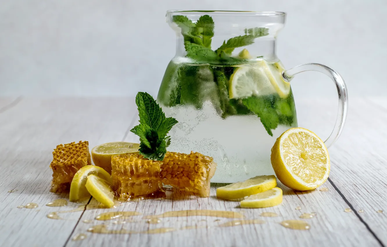 Photo wallpaper drink, lemon, homemade lemonade, honey, glass
