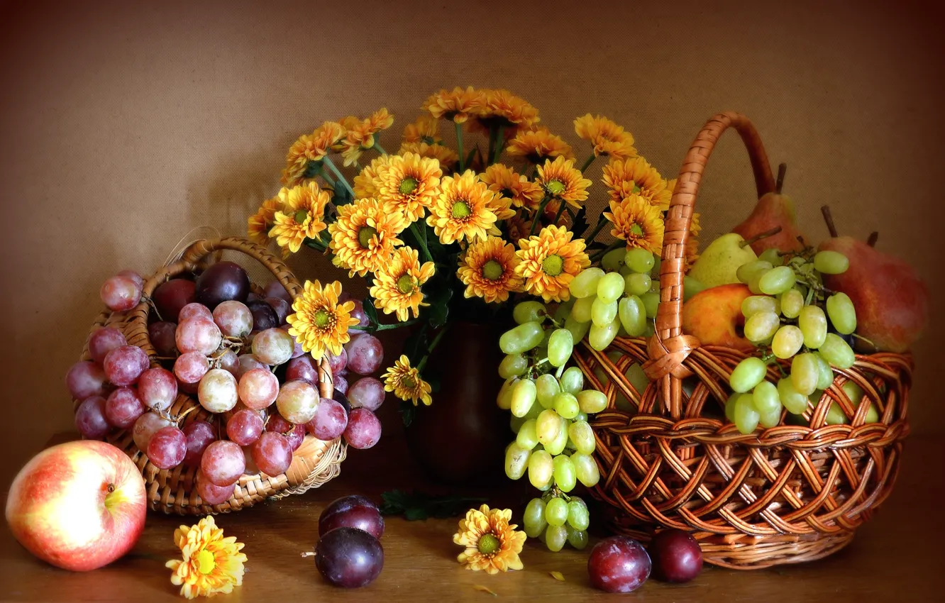 Photo wallpaper flowers, apples, grapes, fruit, still life, pear, chrysanthemum, drain