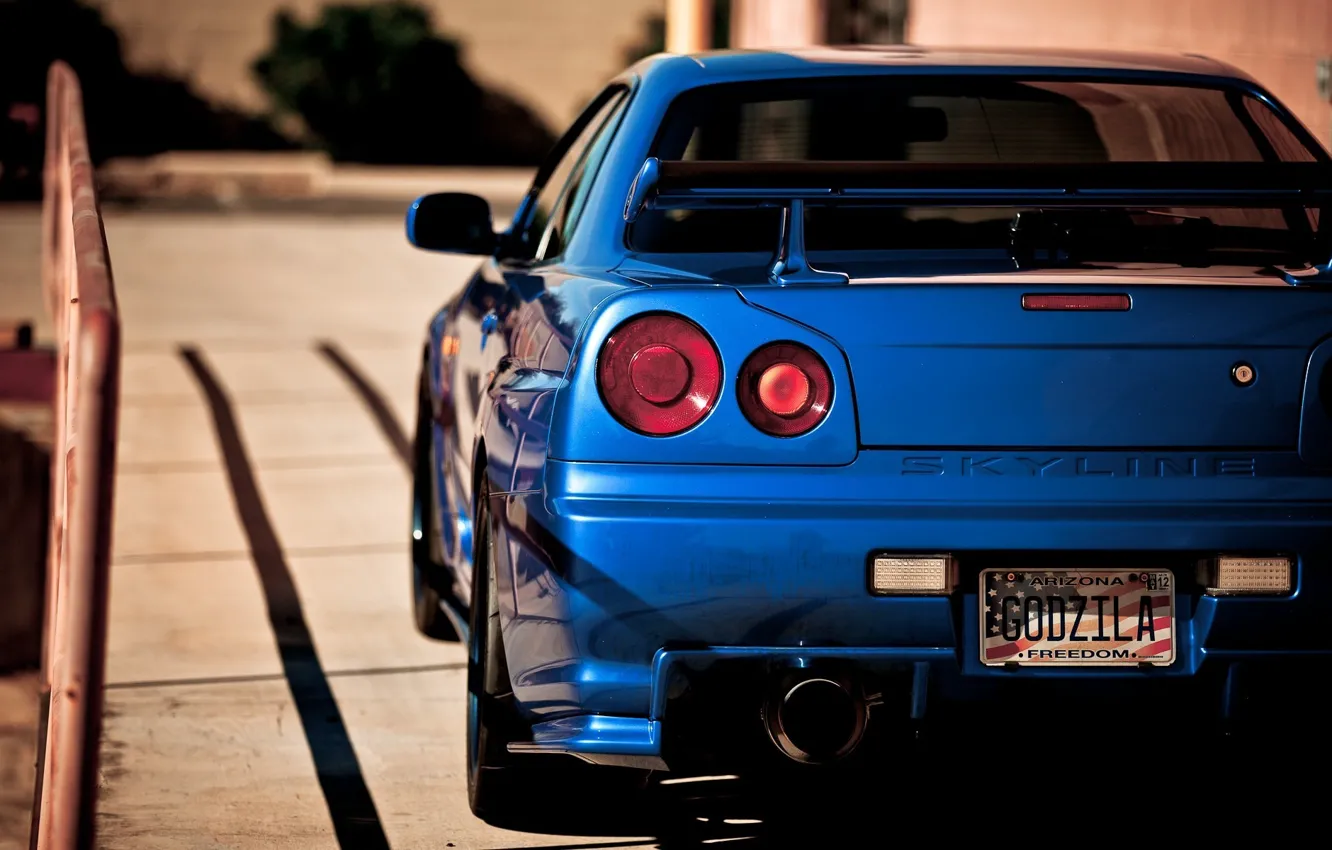 Photo wallpaper blue, nissan, back, skyline, Nissan, tail light