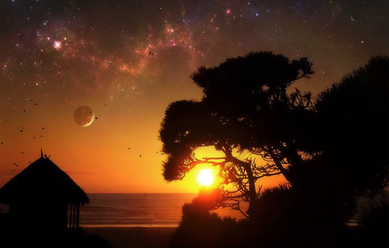 Photo wallpaper the sun, stars, night, sunrise