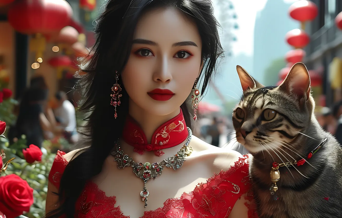Photo wallpaper cat, girl, roses, necklace, Chinese, Asian, Dress red