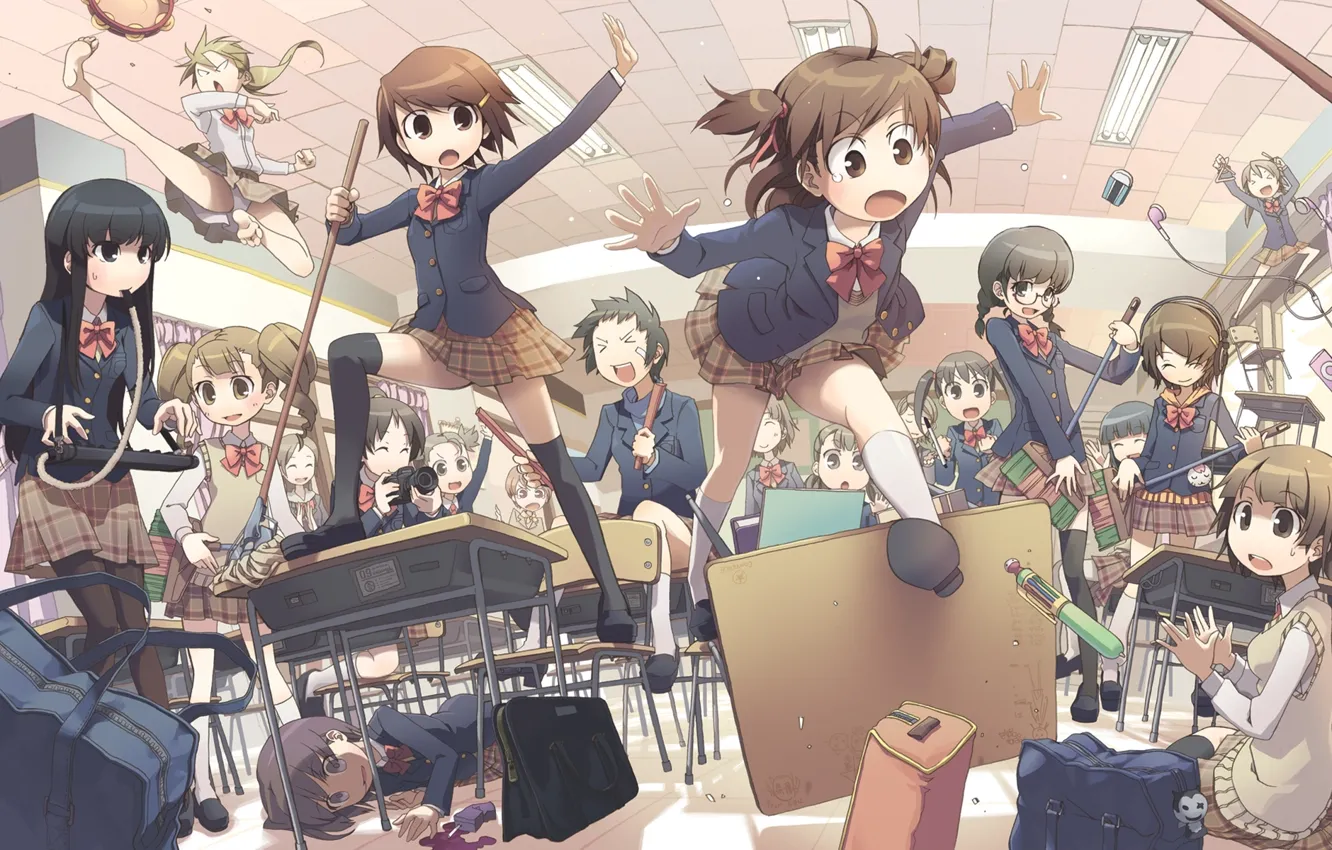 Photo wallpaper mess, jump, the camera, form, class, schoolgirl, bag, a lot