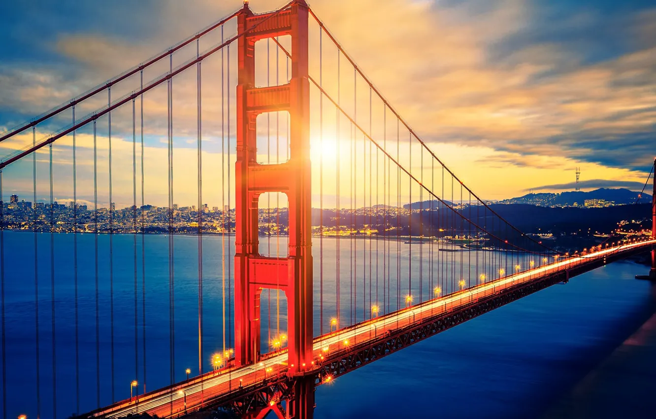 Photo wallpaper city, lights, USA, Golden Gate Bridge, sky, sea, landscape, bridge