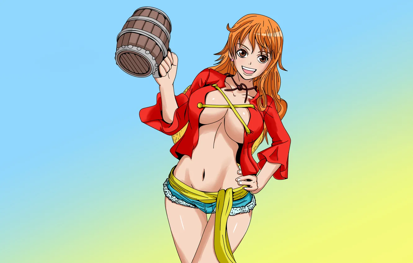 Photo wallpaper girl, sexy, cleavage, One Piece, shorts, blouse, long hair, brown eyes