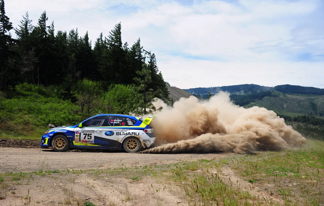 Photo wallpaper Auto, Dust, Subaru, Forest, Sport, Machine, Turn, Race