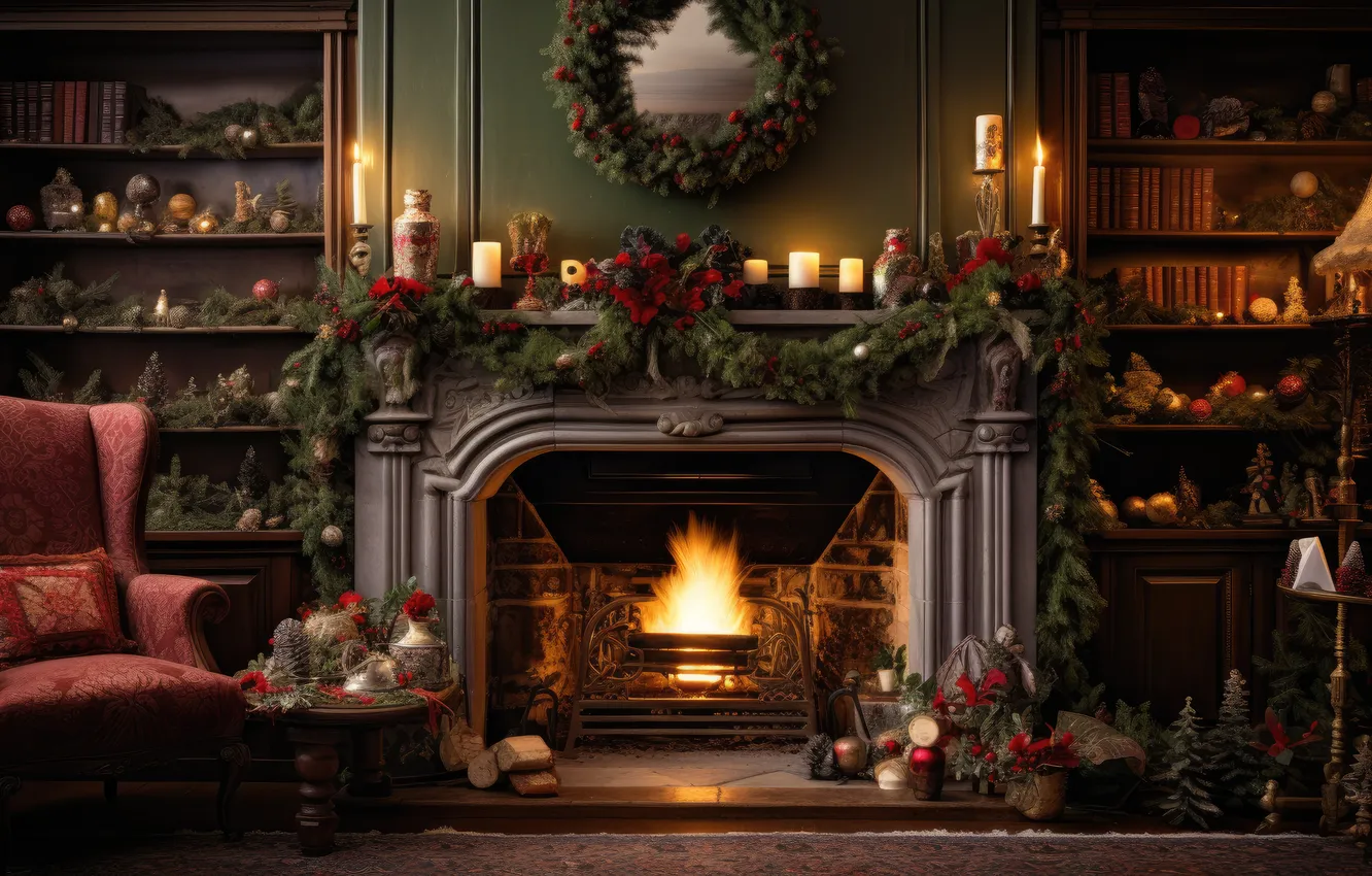 Photo wallpaper decoration, room, gift, tree, new year, interior, Christmas, fireplace