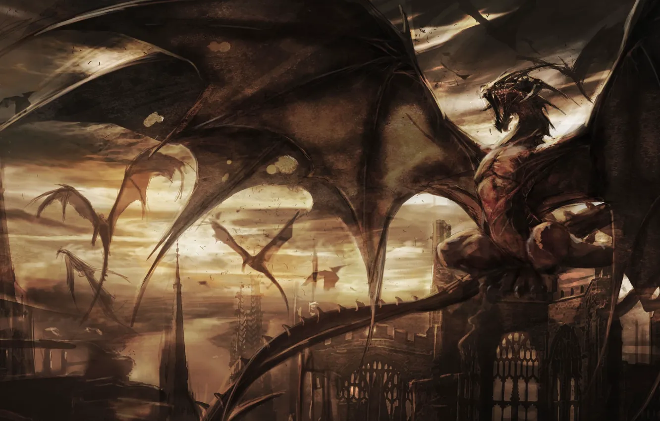 Photo wallpaper castle, wings, dragons, fantasy, art, tower