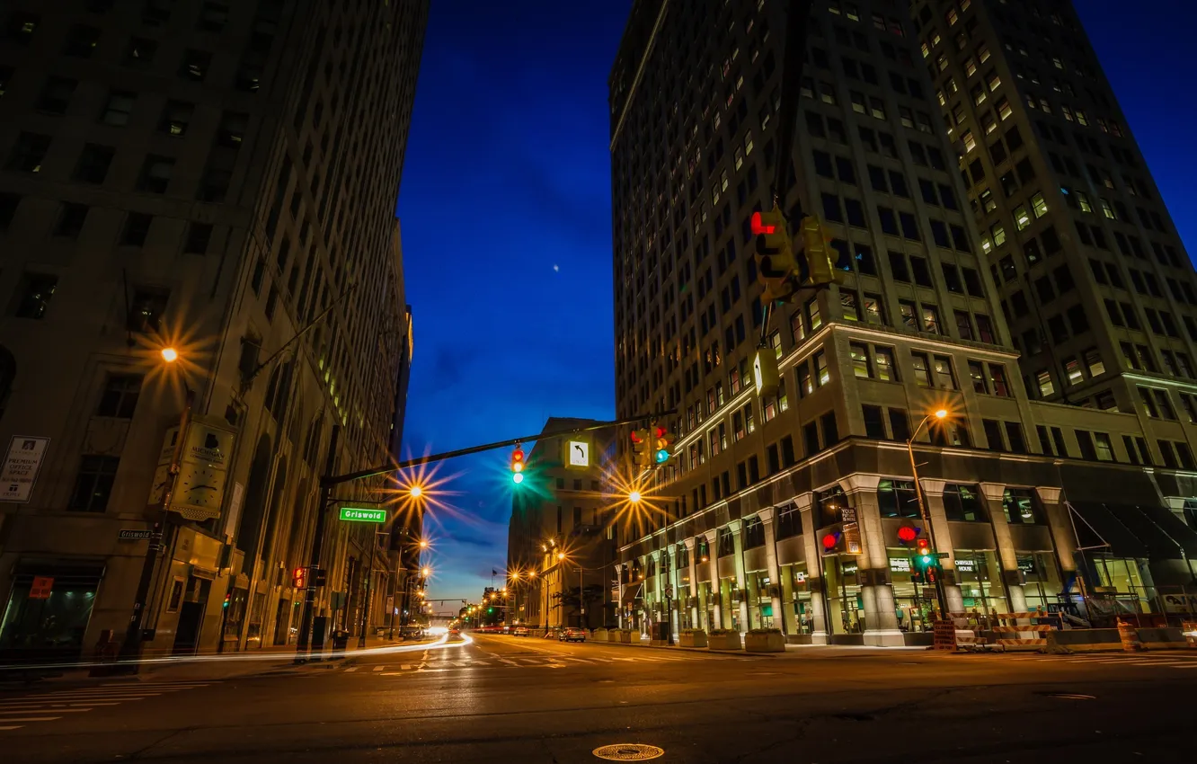 Photo wallpaper road, night, street, lights, America, Detroit