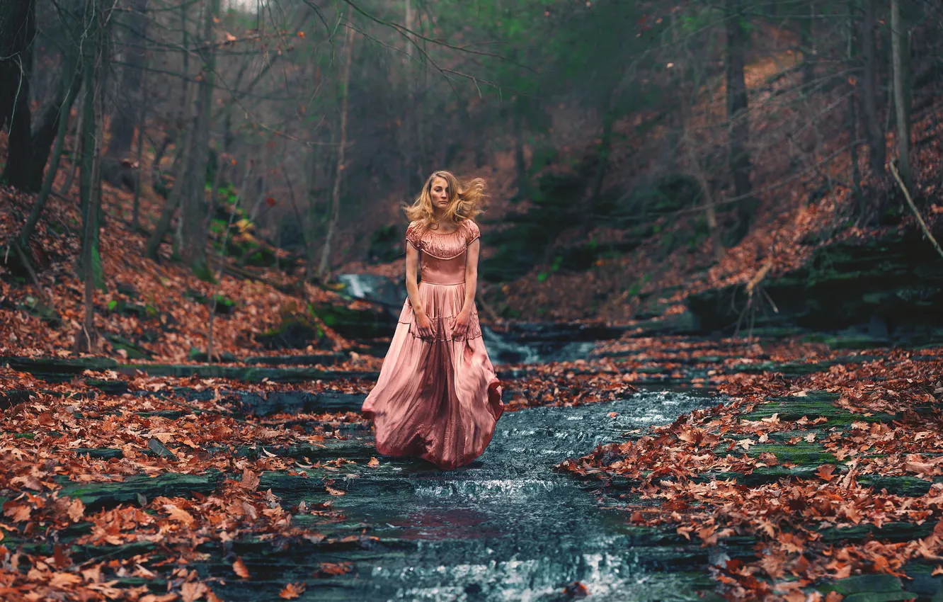 Photo wallpaper autumn, girl, river