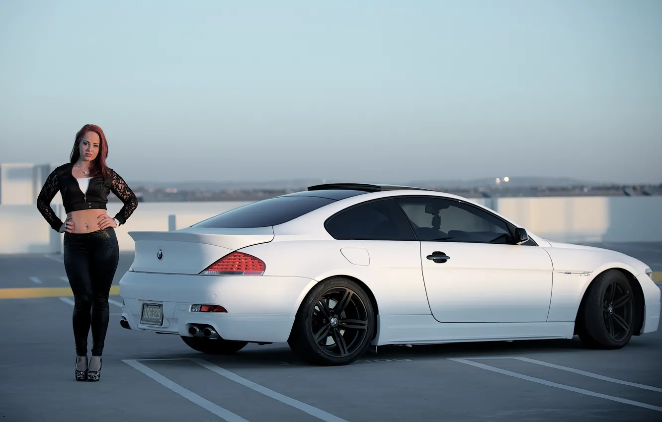 Photo wallpaper roof, white, the sky, girl, black, bmw, BMW, Parking