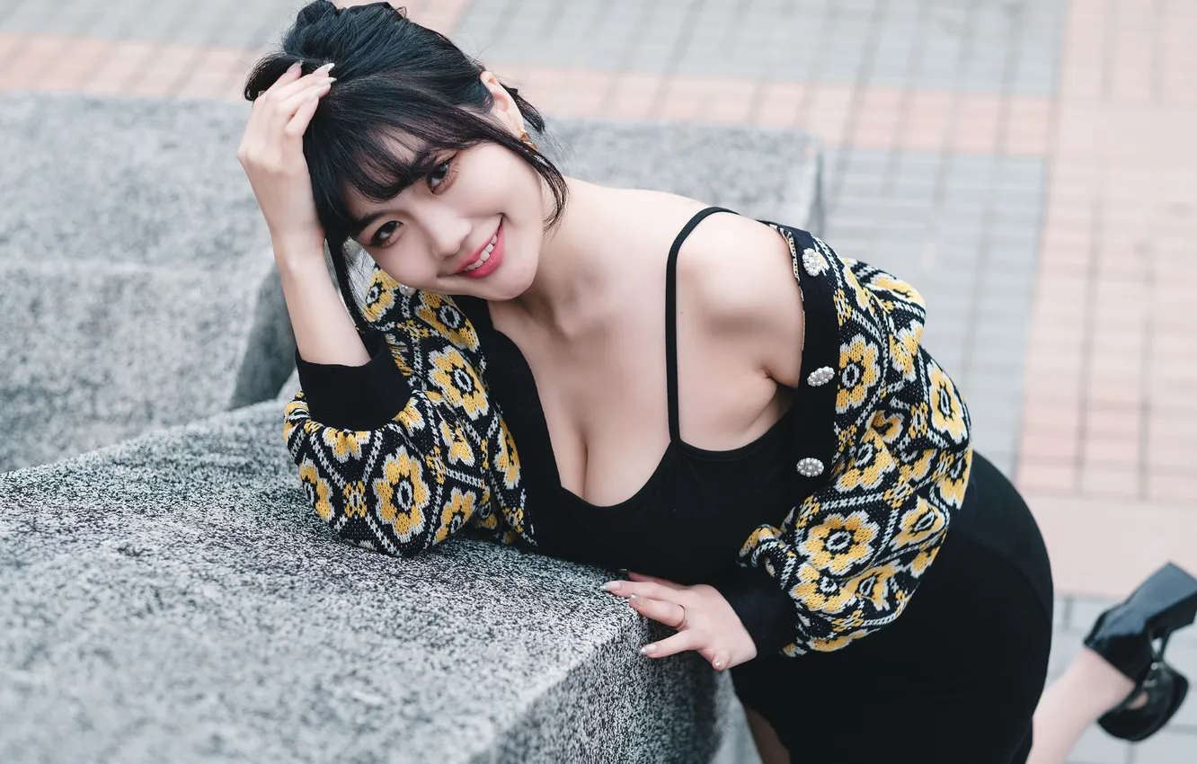 Photo wallpaper pose, smile, dress, brunette, neckline, Asian